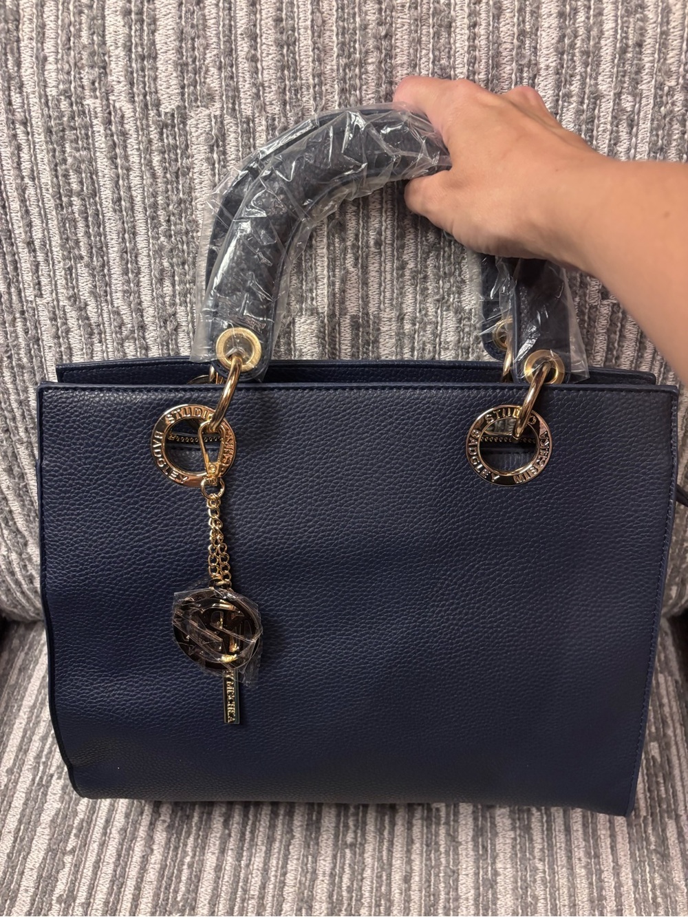Badgley Mischka Structured Navy Satchel with Gold-Tone Accents